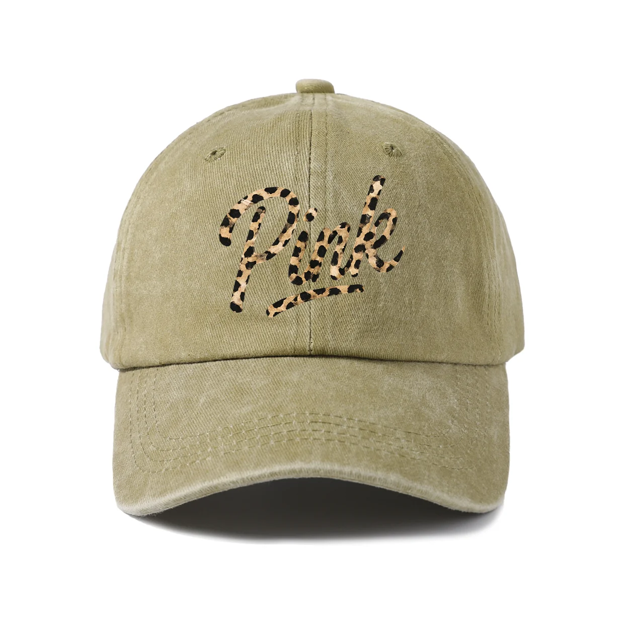 Leopard Print Pink Script Graphic Vintage Washed Baseball Cap, Adjustable Unisex Dad Hat for Men and Women