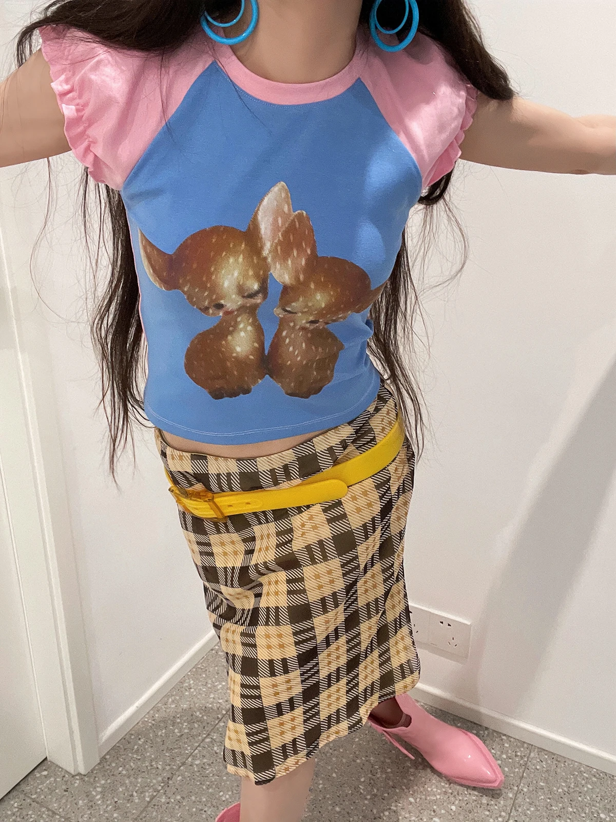 Adorable Sakura Deer Short Sleeve round Neck T-Shirt Women's Slim Fit Floral Bud Sleeve Insert Shoulder Top Sweet College Style