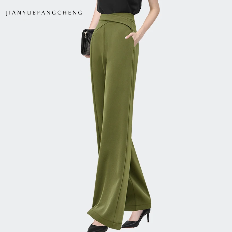 Fashion Army Green Women\' Suit Pants 2022 Spring Summer Lightweight High Waist Long Trousers Loose Straight Wide Leg Pants