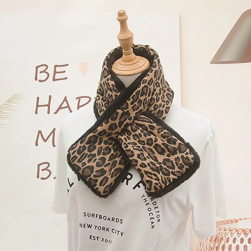 Faux Rabbit Fur Scarf Collar for Women Leopard Print Fluffy Scarf Thick Warm Lady Korean Fashion Winter