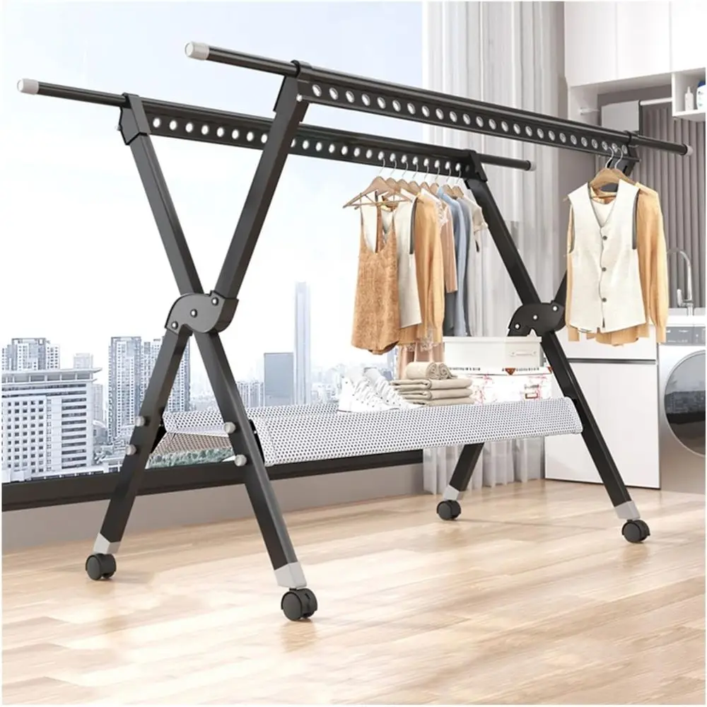 

Adjustable Outdoor-Friendly Folding Drying Rack, 50 Holes, for Clothes, Blankets, and Shoes (Black, 150-250x74x135cm)