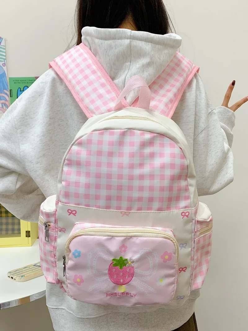 Клетчатая сумка с клубничным бантом Mochila в корейском стиле, милая студенческая сумка для девочек-подростков, Mochilas Mujer, новые сумки Bolsas для женщин, рюкзак