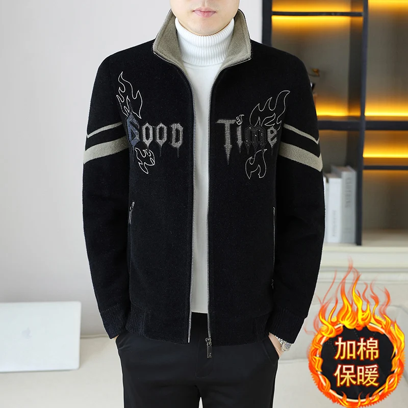 

Осень-зима, повседневная куртка с воротником-стойкой, мужская толстая теплая шерстяная куртка с вышивкой, деловое социальное пальто на молнии