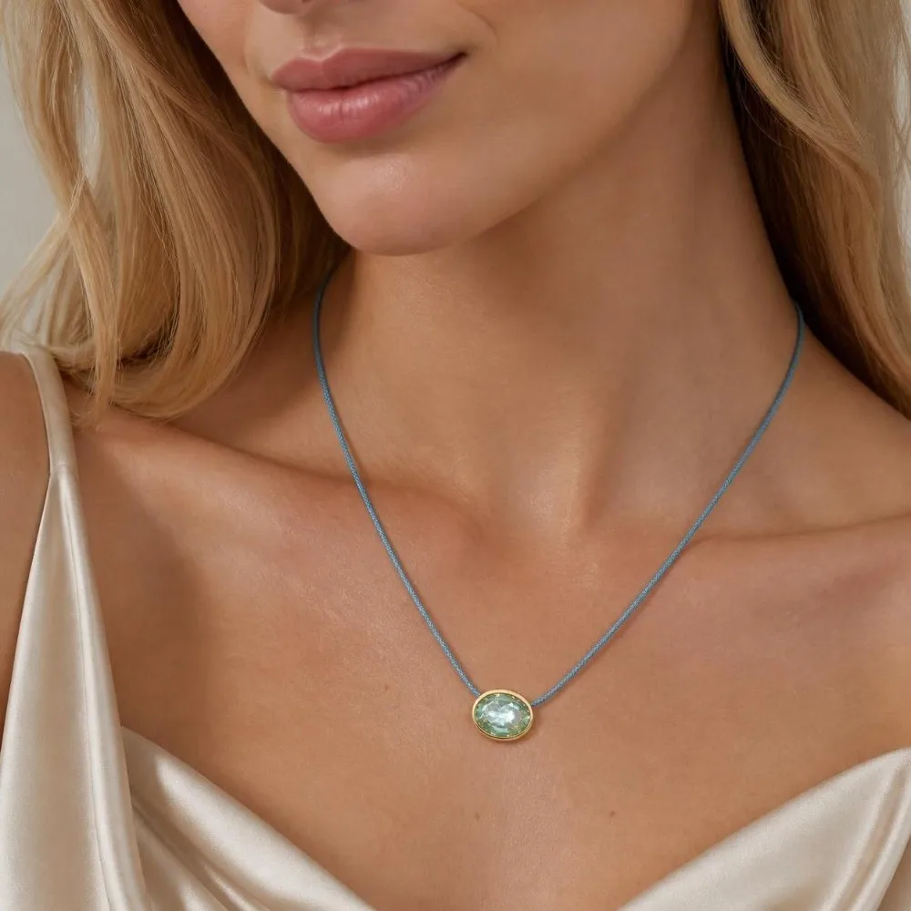 Collar de Cristal con Cordón Fino, Engaste de Oro, Gema de Corte Ovalado, Cordón de Cera Colorido, Cristal Grande, Gargantilla de Oro para Mujer