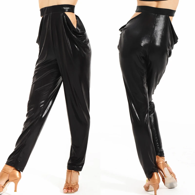 

Глянцевые полые брюки для латинских танцев, женские черные брюки для взрослых, ча-ча-румба, тренировочная одежда, брюки для латинских соревнований
