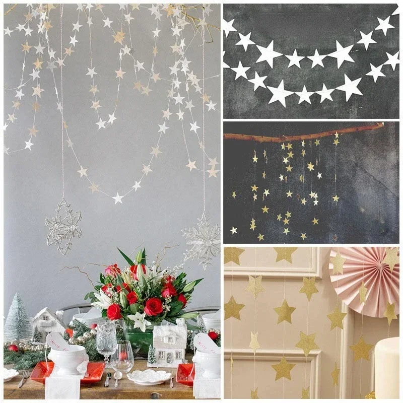 4M Bright Gold Silver Paper Garland Star String Banners Wedding Banner for Party Home Wall Hanging Decoration Baby Shower Favors