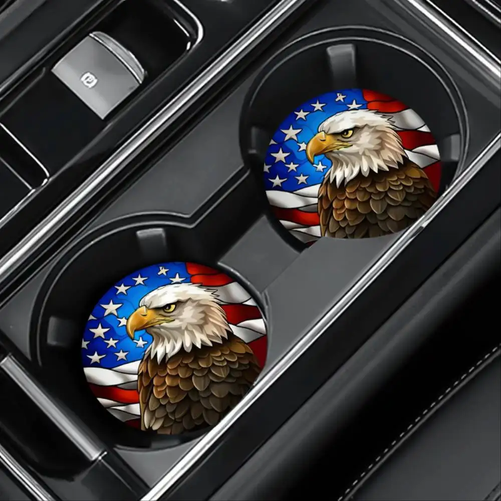 Patriotic Eagle EVA Car Coasters 2pcs 2.75-inch Round Independence Day Decor Vehicle Interior Gift