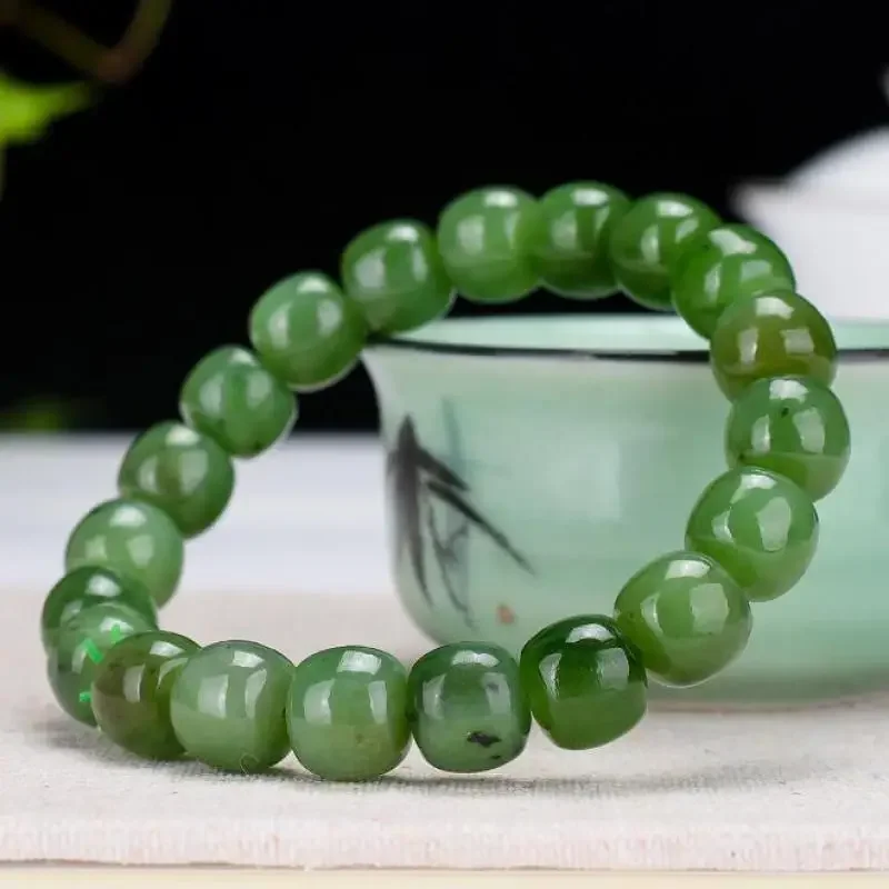 

Grade A Nephrite Green Jade Bracelet Men Women Healing Gemstone Fine Jewelry Genuine Natural Hetian Jades Barrel Bead Bracelets