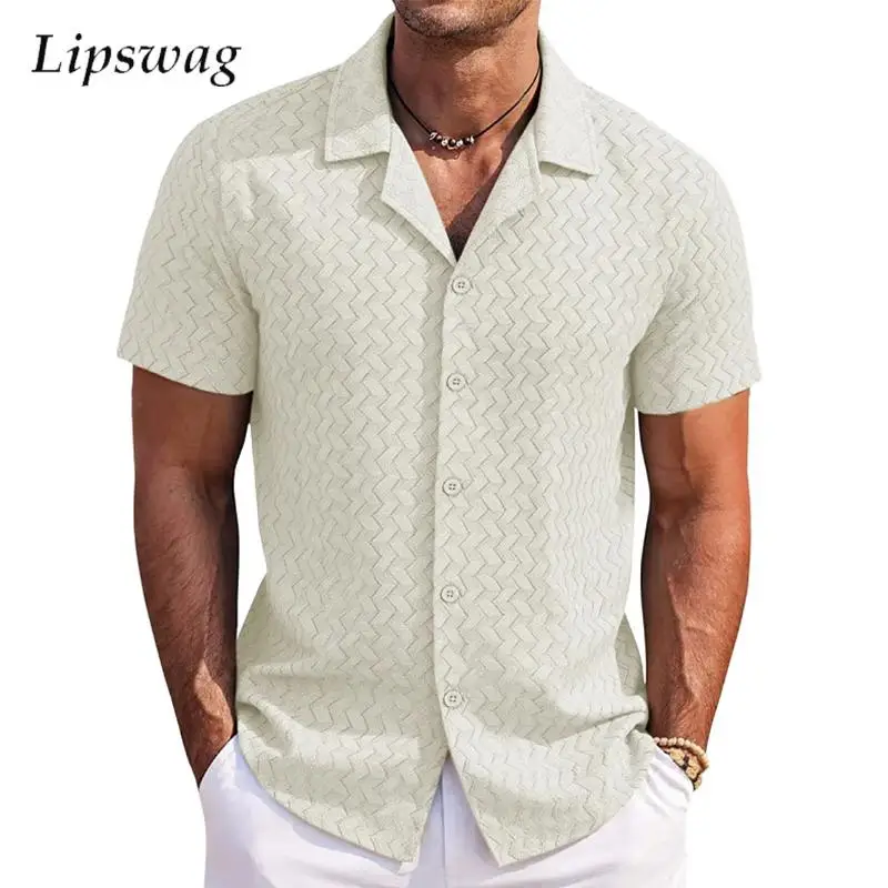 

Classic Knitted Men's Shirts Summer Beach Vacation Casual Short Sleeve Knit Shirt Outdoor Fashion Men Hollow Out Button Shirts