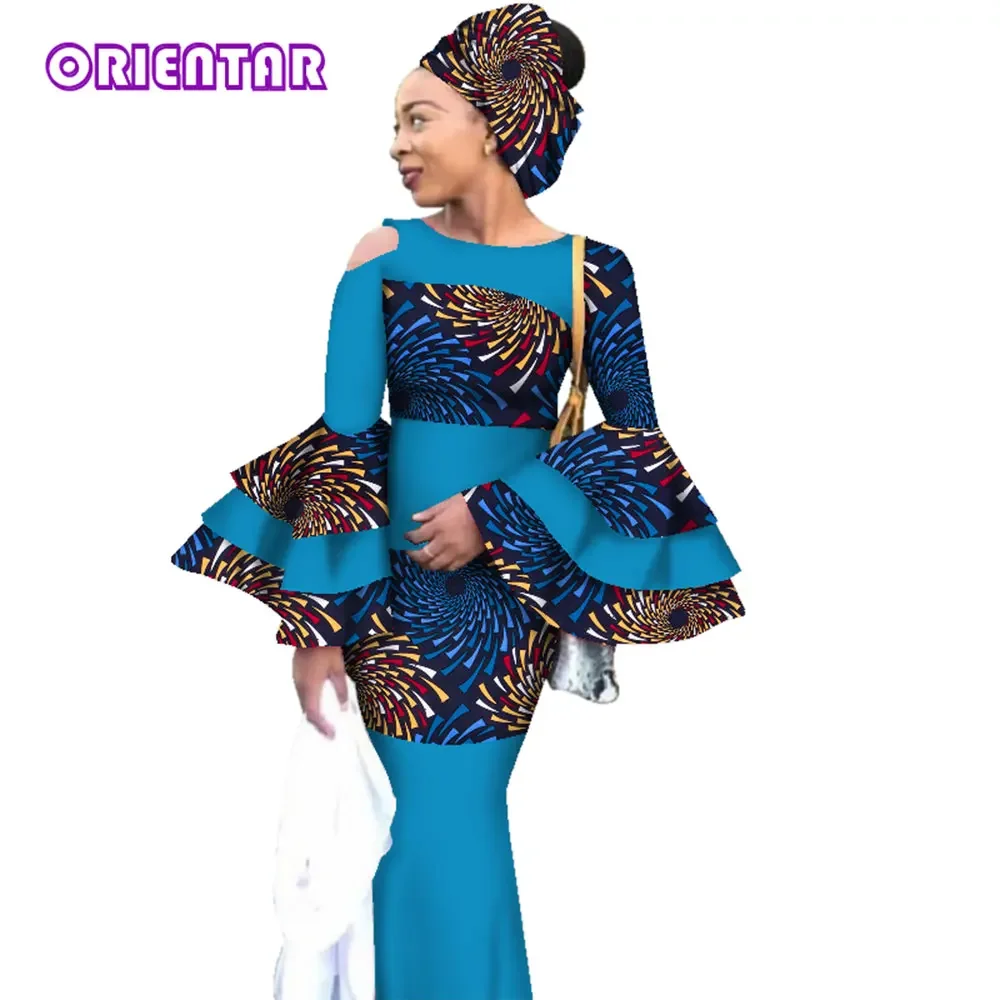 

Women African Dress with Head Scarf Bazin Riche Women African Print Dress Flare Sleeve Evening Party Dress Headtie WY2822