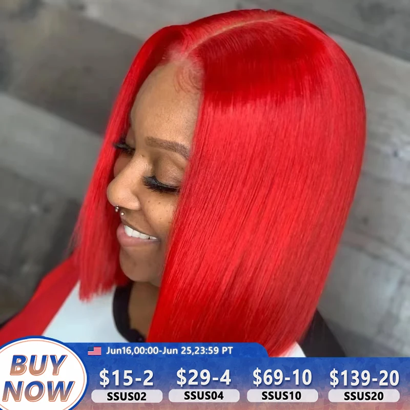 

Red Short Bob Wig Human Hair Straight 13X4 Lace Frontal Wig With Natural Hairline Pre Plucked Short Human Hair Wigs