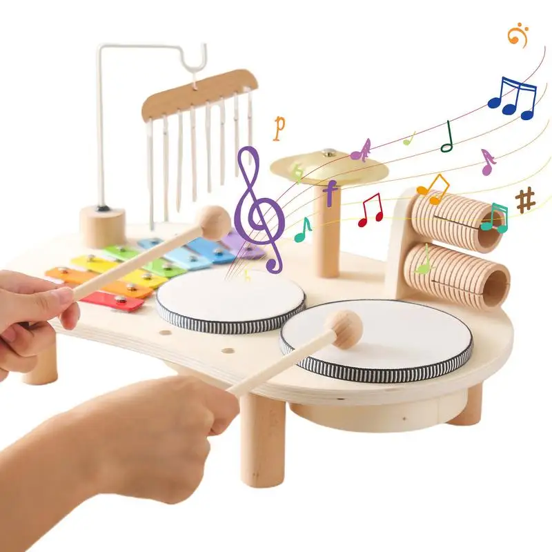 Wooden Drum Kit For Children Montessori Educational Wooden 7 In 1 Sensory Musical Toys Wooden Musical Table Top Play Set Music