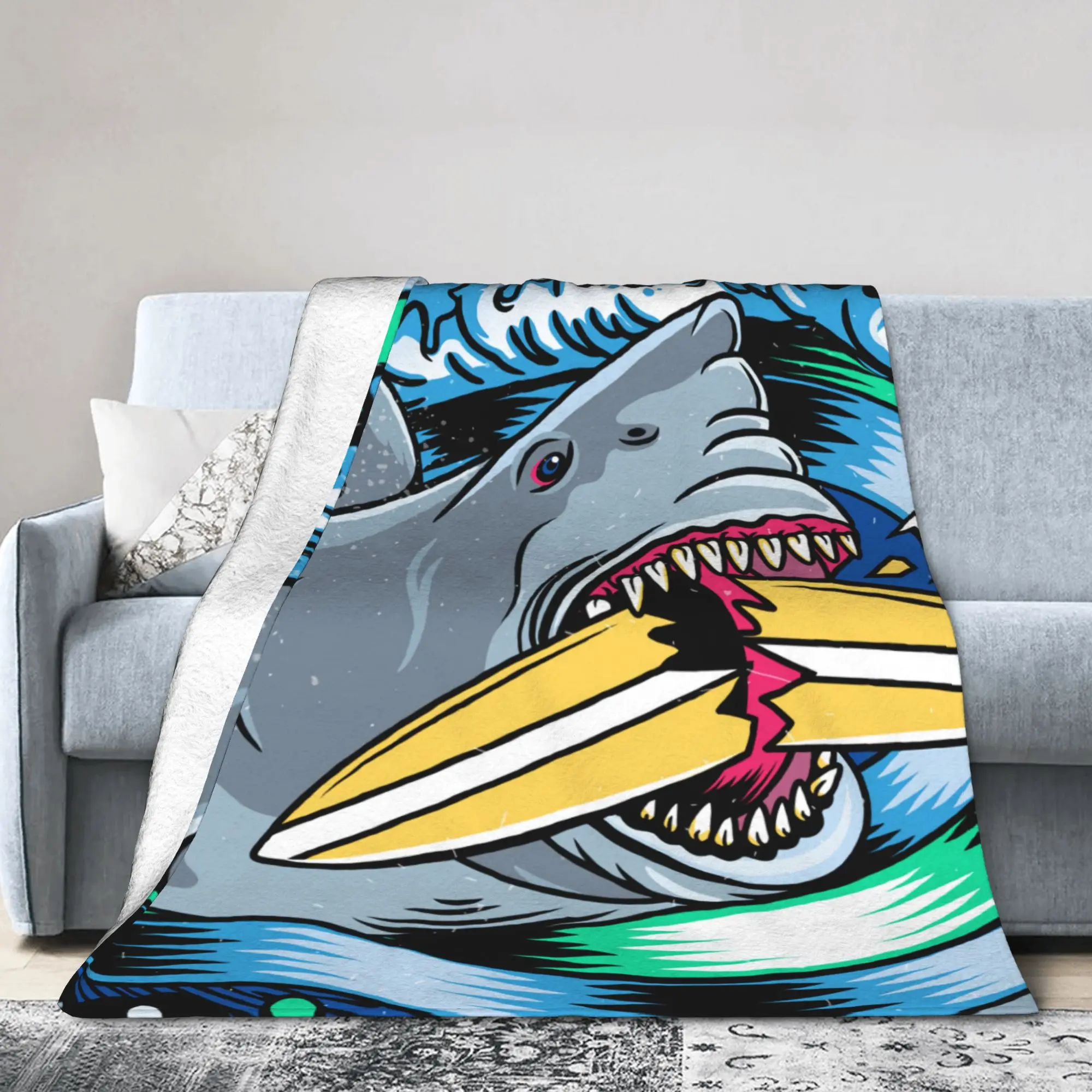 Custom Angry Shark Surfing Blankets Warm Flannel  Throw Blanket for Bedding Couch Bedspread