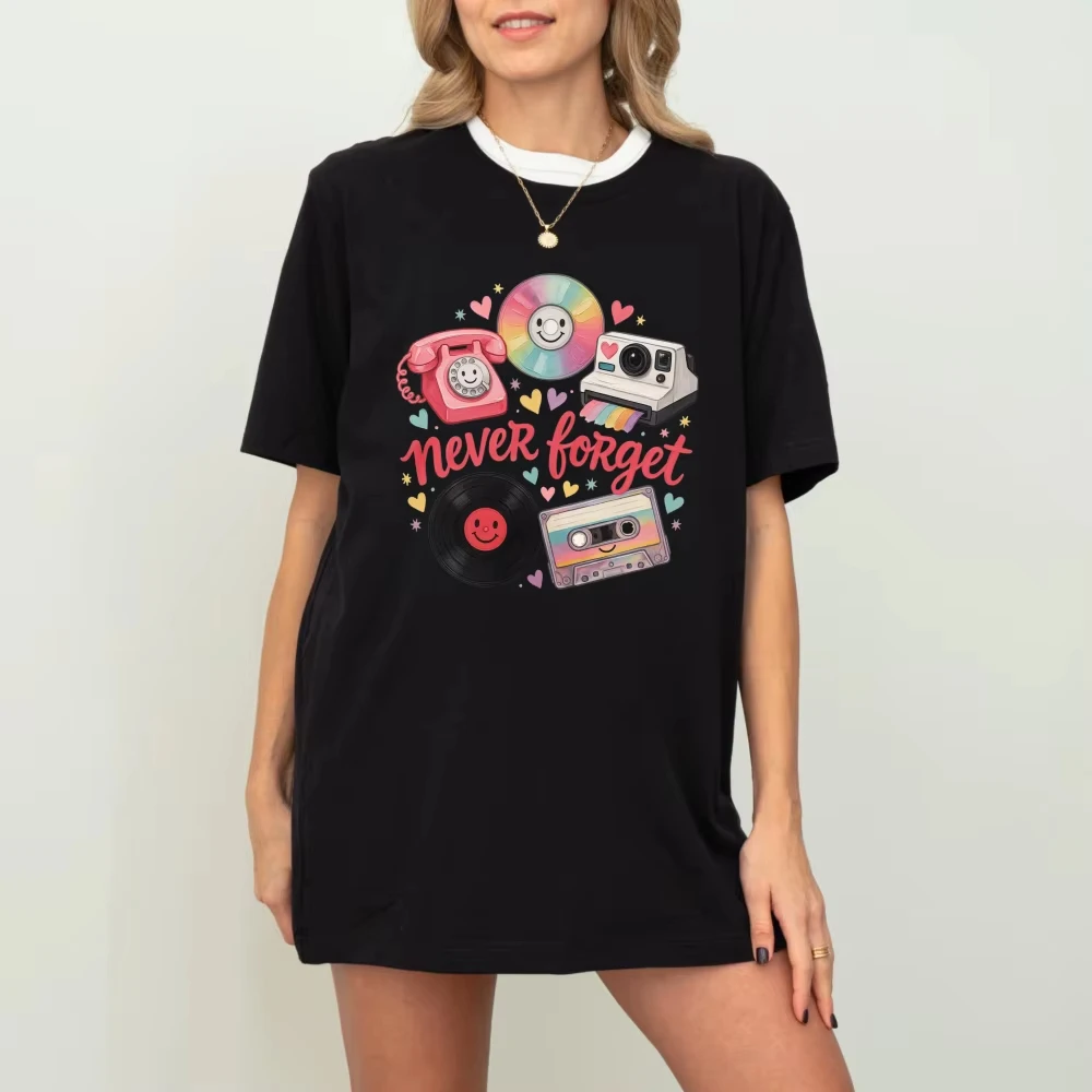 Never Forget Shirt Cute Retro Vinyl Graphic Tshirt Retro Nostalgic 90s Shirt Funny Vintage Graphic Tees Cassette Tape Phone Tops