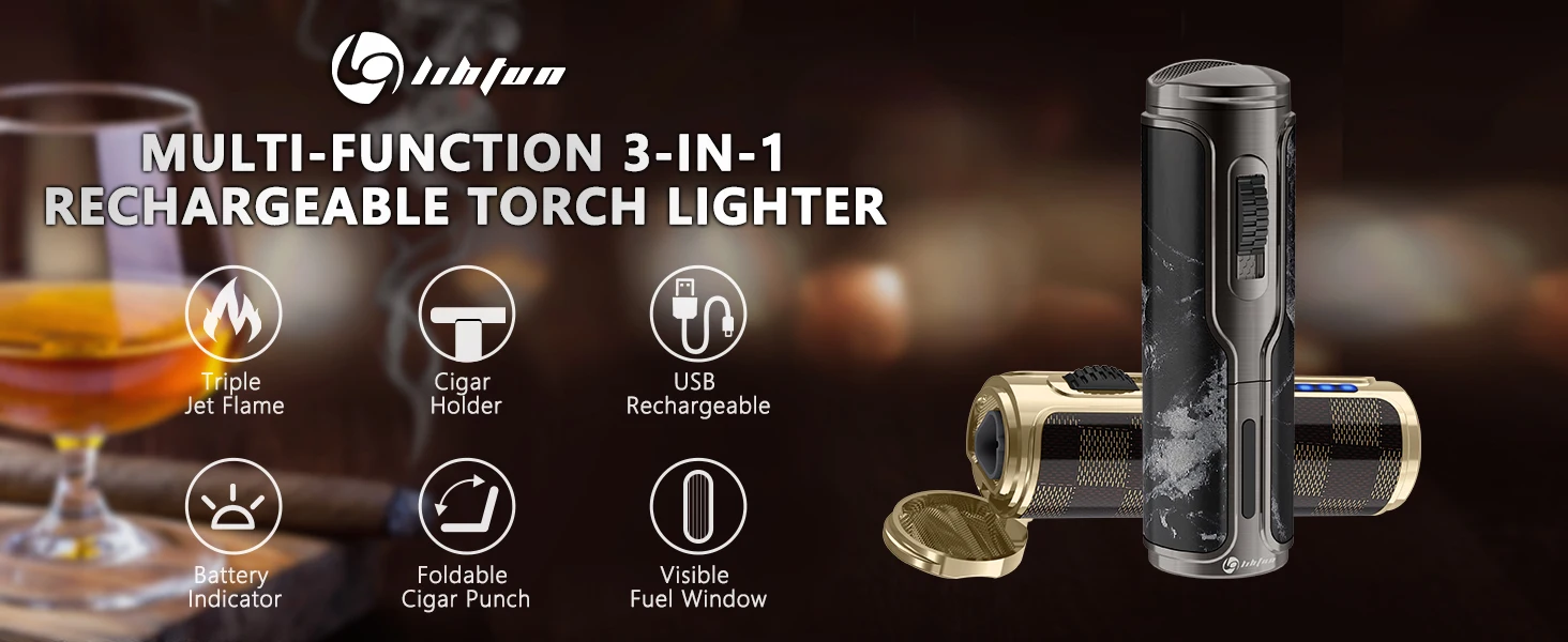 Cigar Lighter with Cigar Punch Holder,Windproof Electric Torch Lighter,Refillable Butane Lighters for Smoking with Gift Box