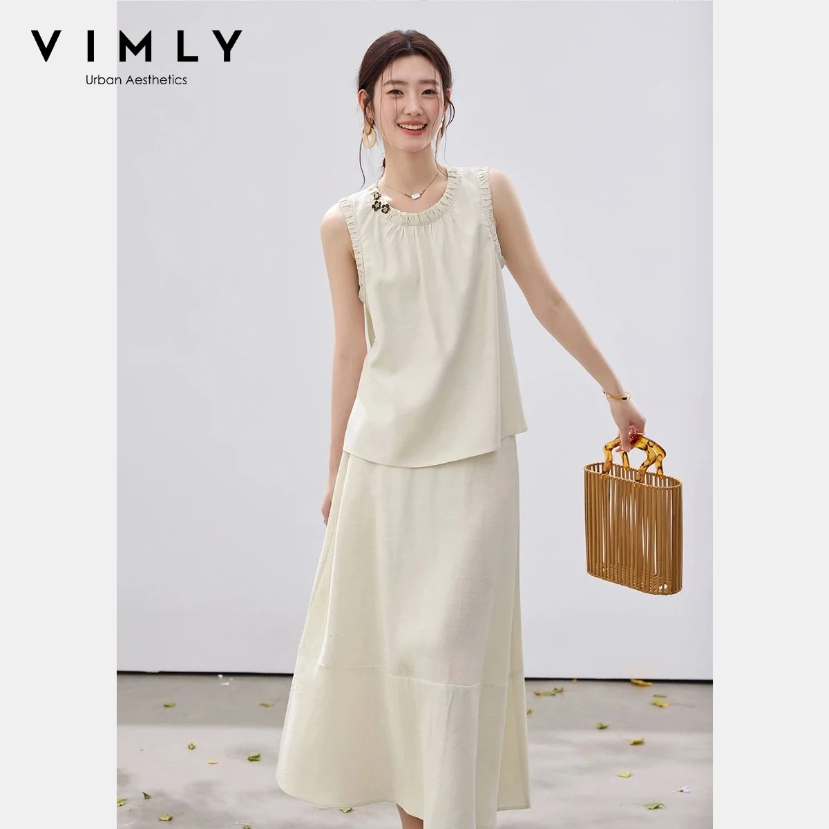 

Повседневный комплект VIMLY из двух предметов для женщин: новинка лета 2026 – топ без рукавов с 3D цветочным принтом и круглым вырезом, юбка миди с эластичным поясом, модель A5165