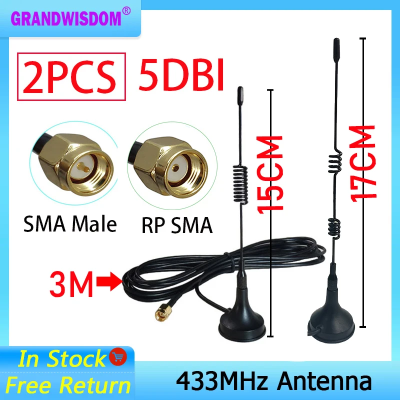 Antena 433 Mhz 433 MHz 2 piezas 5dbi antena GSM SMA conector macho con base magnética IOT Ham amplificador de señal de Radio repetidor inalámbrico