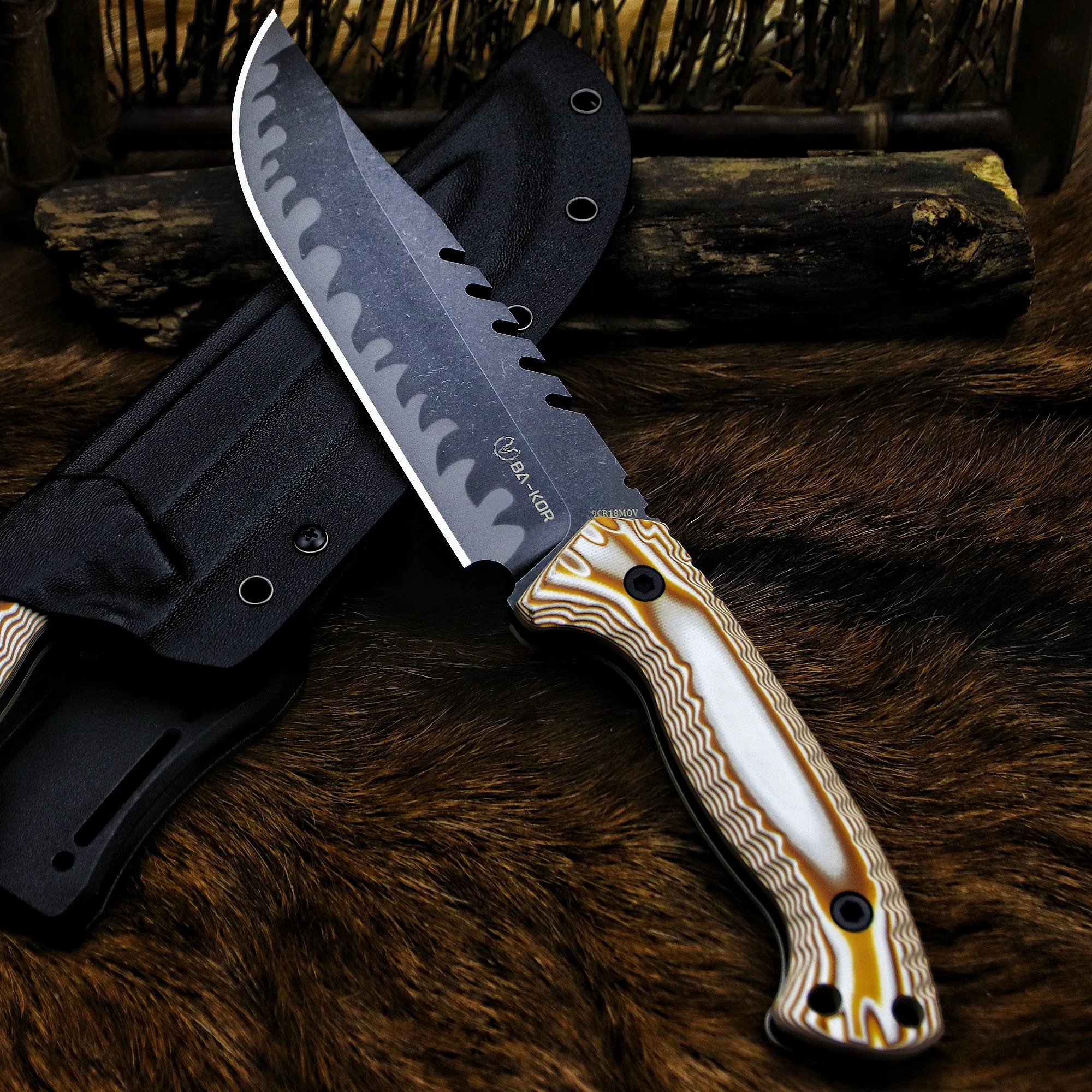 BA-KOR USA 9cr18mov steel 6MM full-length hunting knife +K sheath, suitable for jungle survival, outdoor camping, and EDC tools