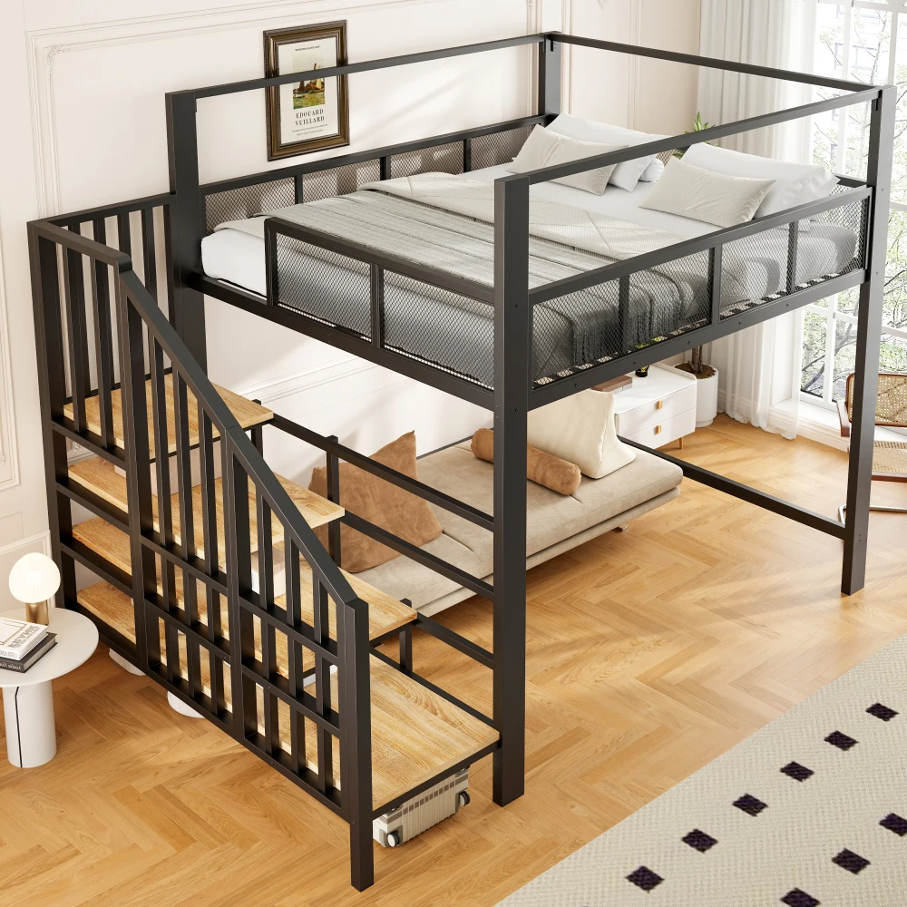 Image of 90×200cm & 140×200cm Metall-Einzelstockbett mit Baldachin, Sicherheitstreppe & Stauraum, integriertem Schreibtisch unter dem Bettgestell, multifunktionales Kinderschlafmöbel für Schlafzimmer,