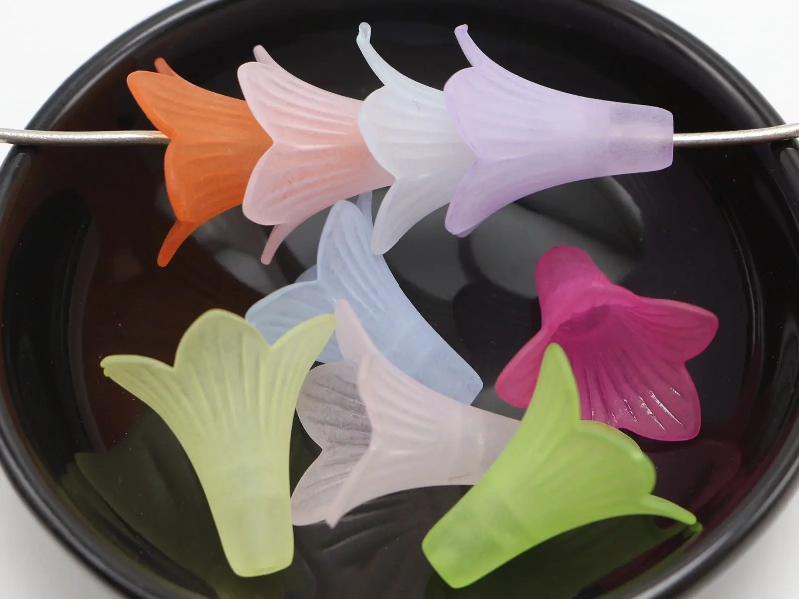 50 Mixed Color Frost Acrylic Trumpet Flower Bead Cap 22mm Cones With Center Hole