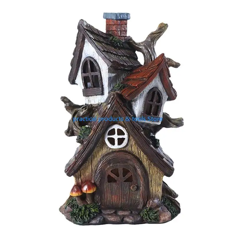 

77JB Mini Fairy House Statue Double Layer Resin Figurine Crafts Decor for Indoor Outdoor Garden Yard Decoration Housewarming