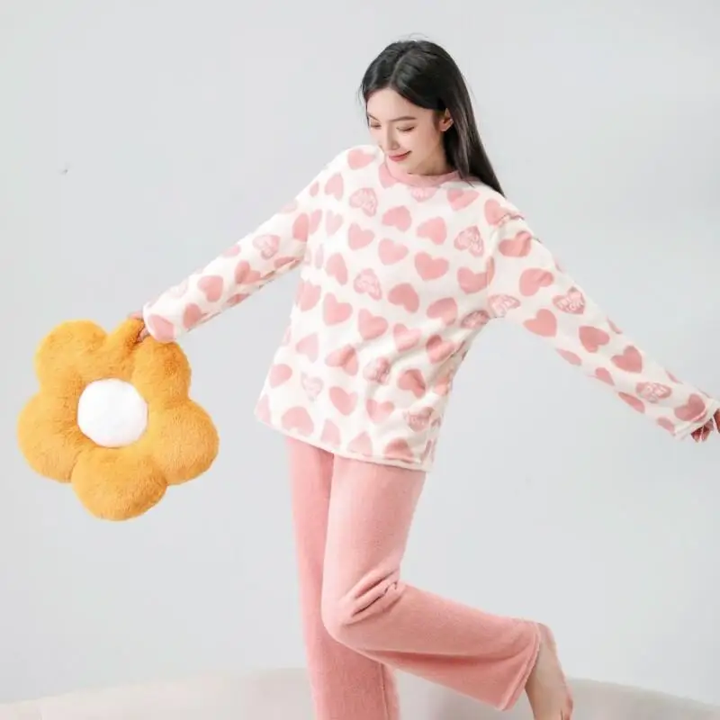 

coral fleece Women pajamas girl's winter Comfortable Sleepwear thicken cute flannel homewear loose Pajama long style suit