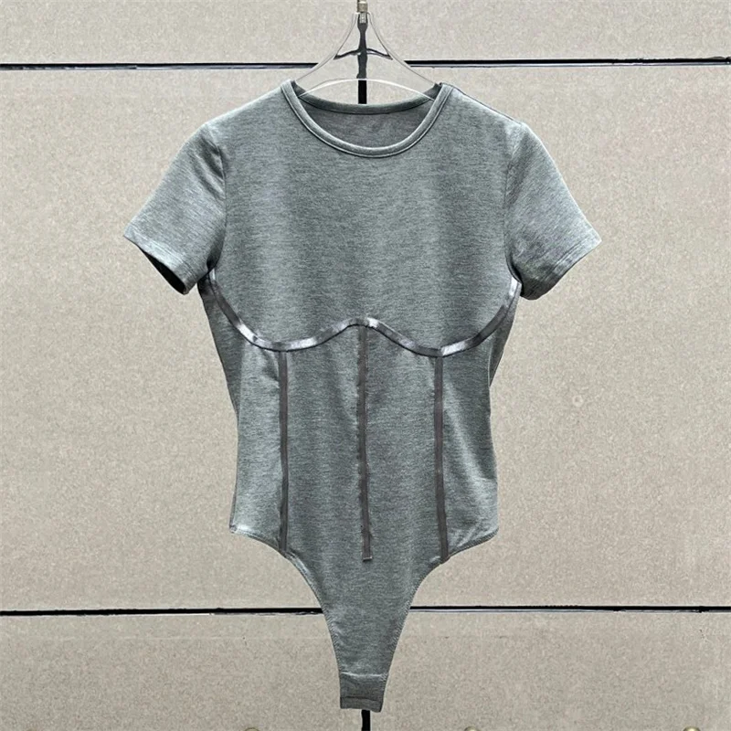 

Women's bodysuit New elastic knitted slim fit short sleeved top for summer 2025 Cotton blend round neck pullover women's t-shirt