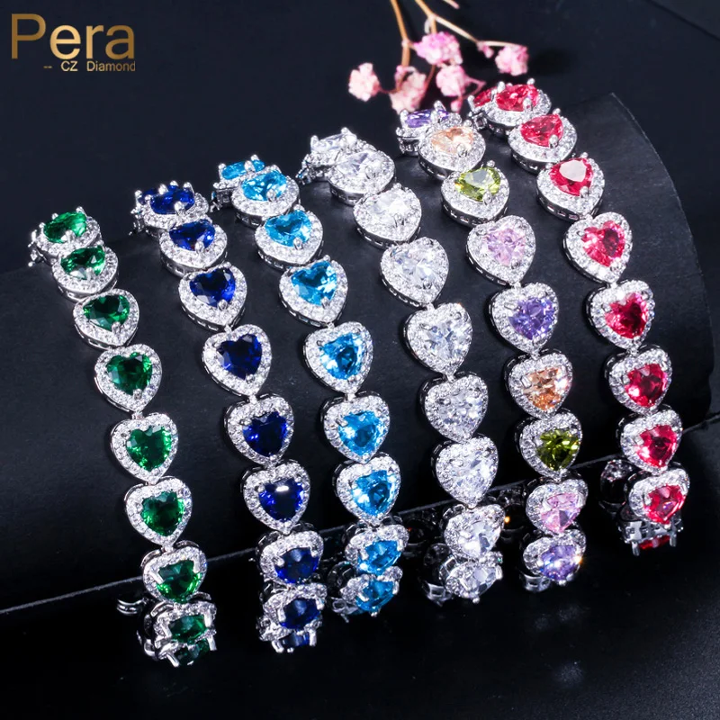 Pera 6 Colors Options Multicolor CZ Crystal Love Heart Shape Chain Link Bracelets for Women Engagement Jewelry Gift B068