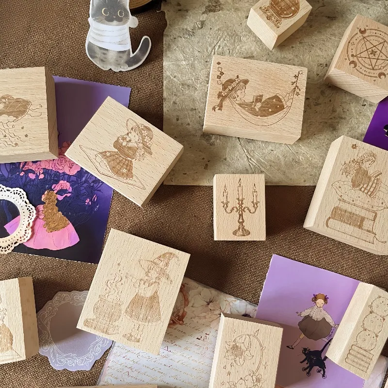 Moonlight Vintage Witches Candlestick Star Wooden Rubber Stamp DIY Scrapbooking Photo Album Card Making Wood Seal
