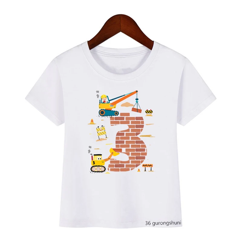 Kawaii Construction Boy Excavator Crane T-Shirt  2 3 4 5 Birthday Gift Shirt Kids Boys Girls Clothes Short Sleeve Baby Top