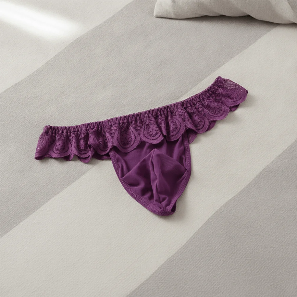 Comfortable Low Waist Men's Lace Thongs Underpants Thin Men's Mesh Lace Panties Lingerie Ruffle Belt Male Briefs Summer