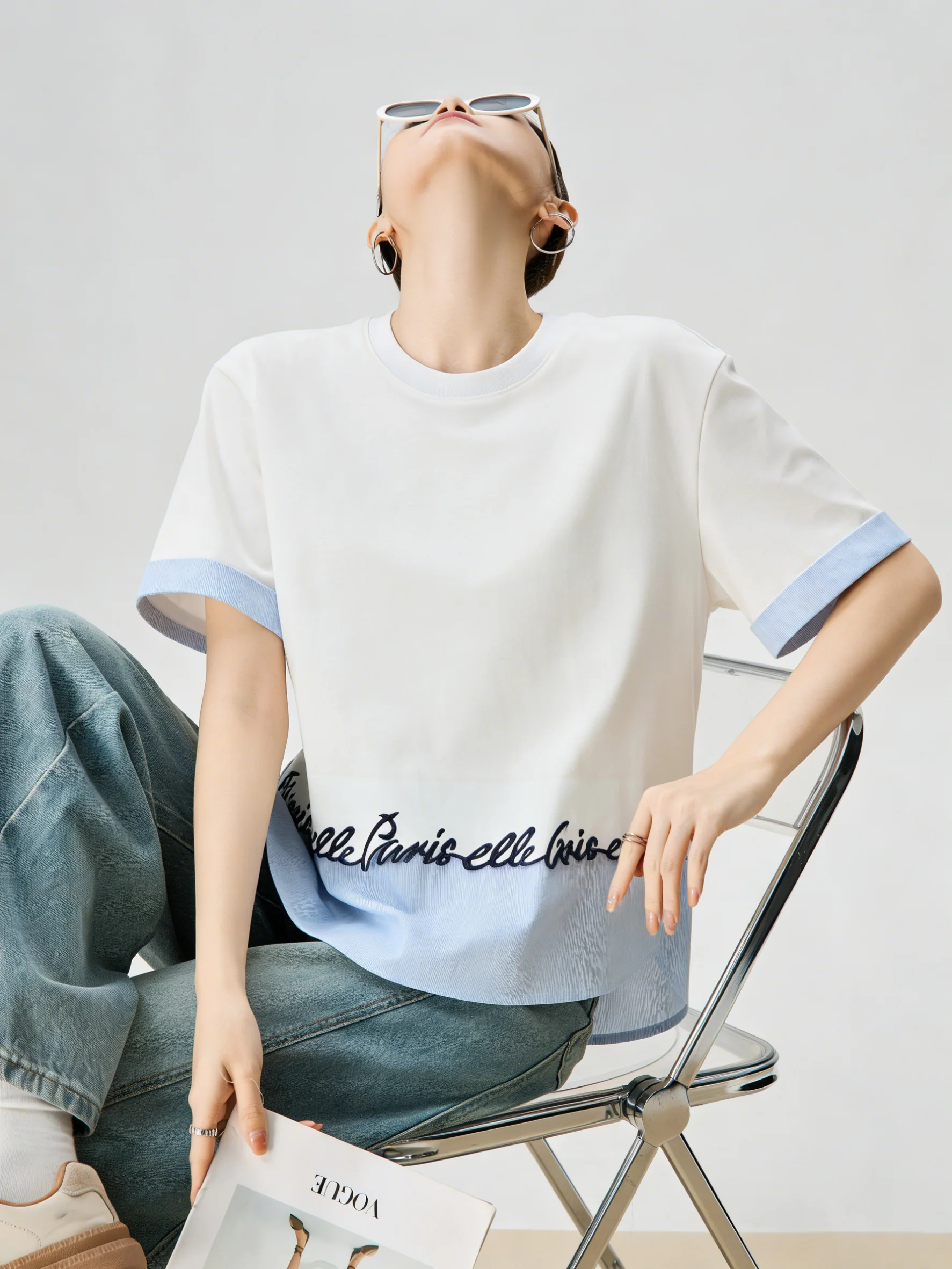 

Уникальная красивая белая футболка с короткими рукавами в полоску в стиле пэчворк, женская модная летняя футболка прямого кроя в корейском стиле