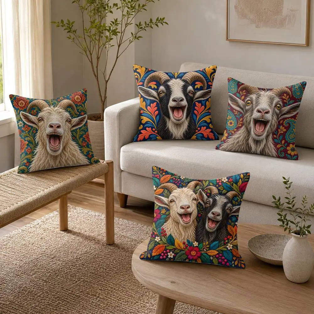 Grinning Goats Cushion Cover Organic Linen Throw Pillow Cover - Double-Sided Print Breathable Cushion Case Home Decor