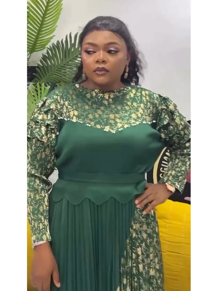 فستان EGRM عالي المرونة بطيات للنساء بياقة دائرية وأكمام طويلة وأربطة مطبوعة فساتين غير منتظمة الطيات 2025 جديد 6R4018