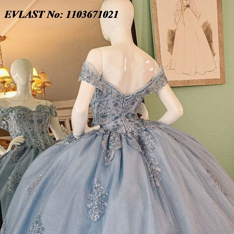 Evlast funkelnd blau Quinnce anera Kleid Ballkleid glänzende Spitze Applikation Perlen Mexiko Korsett süß 16 Vestidos de 15 Anos sq625