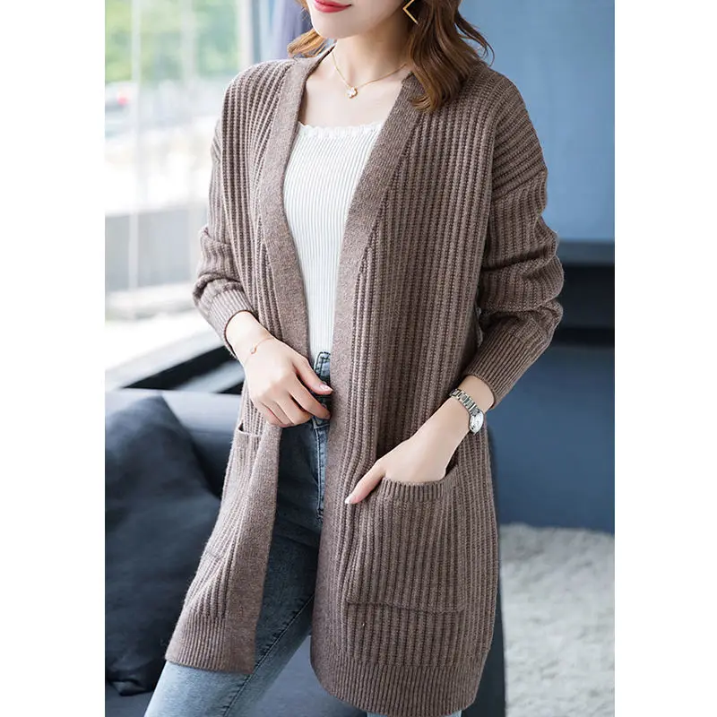 Spring and Autumn New Sweater Knitted Cardigan Women\'s Long Sleeve Loose Korean Edition Coat Medium to Long Outer Wear