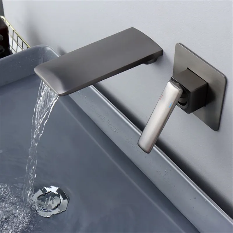 

Grey Waterfall Bathroom Basin Faucets Brass Single Handle Hot & Cold Sink Mixer Taps With Embedded Box Wall Mounted Brushed Gold