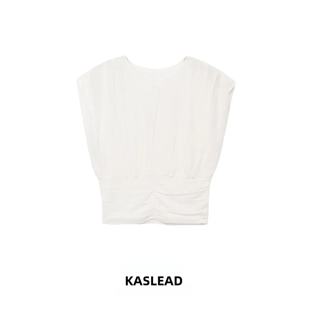 KASLEAD New Women's Fashion Short Sleeve Pure Color Pleated Knitted Top Polyester Fiber Spring Season Regular Fit Overhead Style