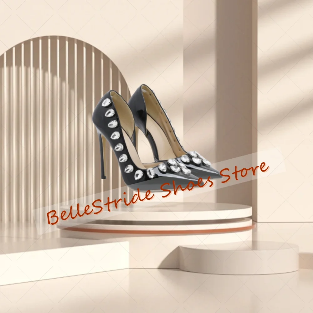 

Black Pointed Toe Crystal Pumps Patent leather Women Shoes Stilettos High Heels Party Banquet Dating 2025 Zapatos Para Mujere