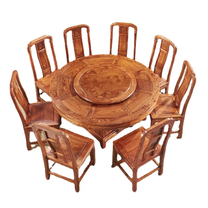 

Mahogany round hedgehog red sandalwood dining table and chairs noodles solid wood table