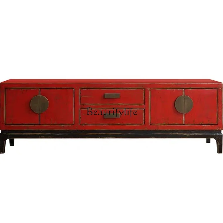 New Chinese solid wood old TV cabinet antique red neoclassical retro low cabinet floor cabinet