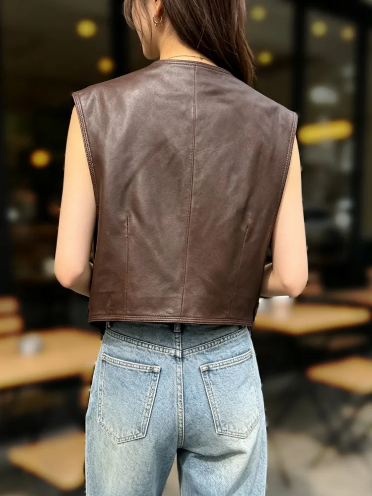 Streetwear Women Casual Vest Top V Neck One Button Short Style Real Sheepskin Genuine Leather Vest Sleeveless Outwear Waistcoat