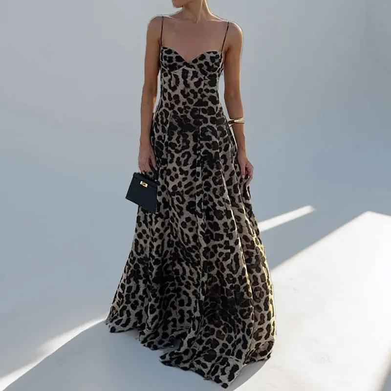 Summer Women New Fashionable Leopard Print Sling Long Dress Women's Slim Sleeveless High Waist Pleated Dress Vacation Beach Robe