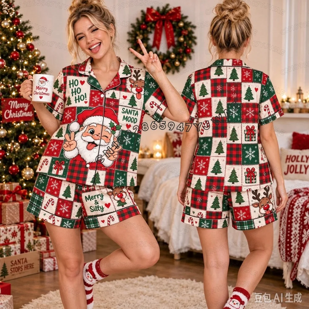 Winter Womens Pajamas Set Christmas Santa Claus Print Sleepwear Tops Shorts Pajama 2 Piece Suit Pyjama WOMEN Nightwear TRACKSUIT