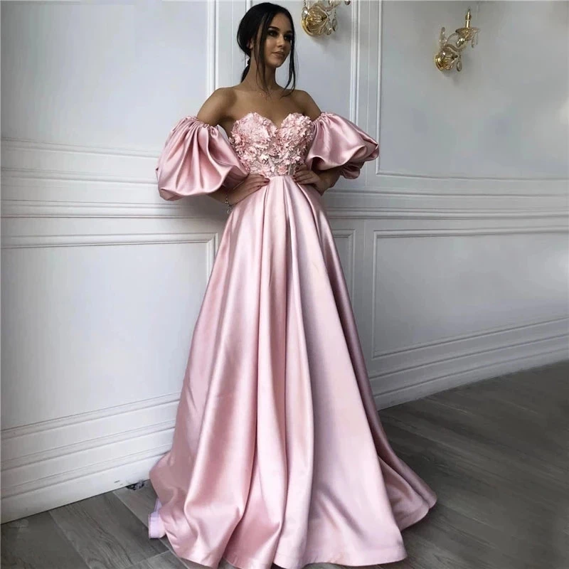 

Angelsbridep Pink A-Line Sweetheart Evening Dresses Vestidos De Noche Short Puff Sleeves Lace Appliques Flowers Robes De Soiree