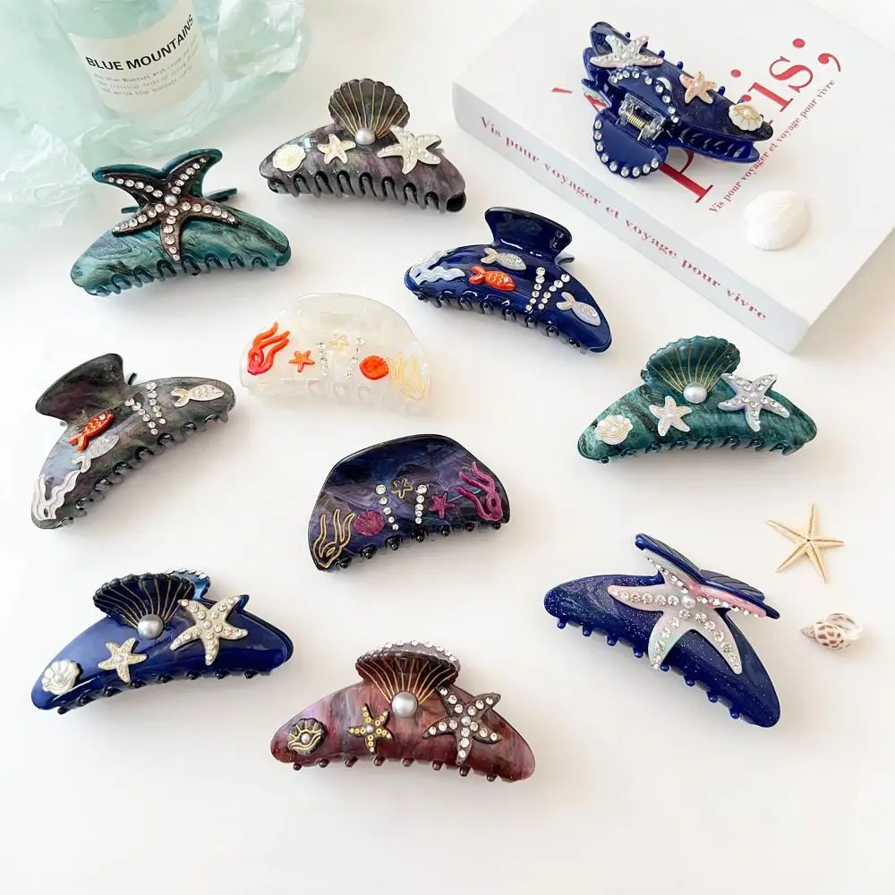 

Fashion Starfish Ocean Shell Hair Grab Pearl Shark Clip Rhinestone Hair Claw Headwear Geometry Acrylic Shark Clip Female