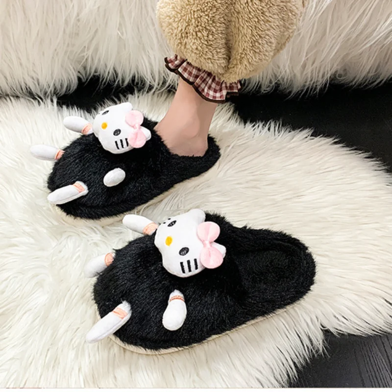 Sanrio Hello Kitty carino divertente nero soffici pantofole da donna autunno e inverno nuovo fondo spesso caldo cartone animato borsa testa mop di cotone