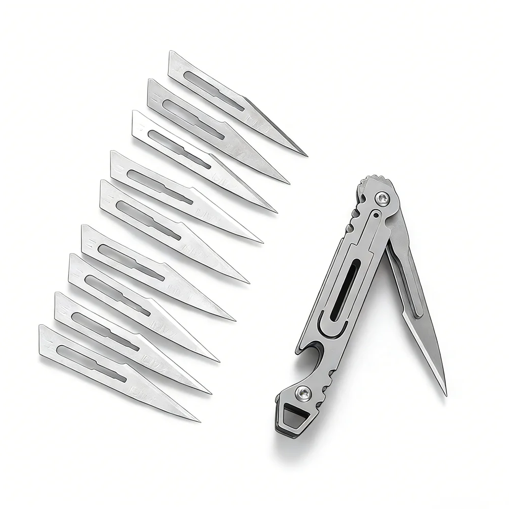Mini Quick-Open Folding Knife, Portable Keychain Stainless Steel Knife, Sharp Art Cutter with 10PCS Blades