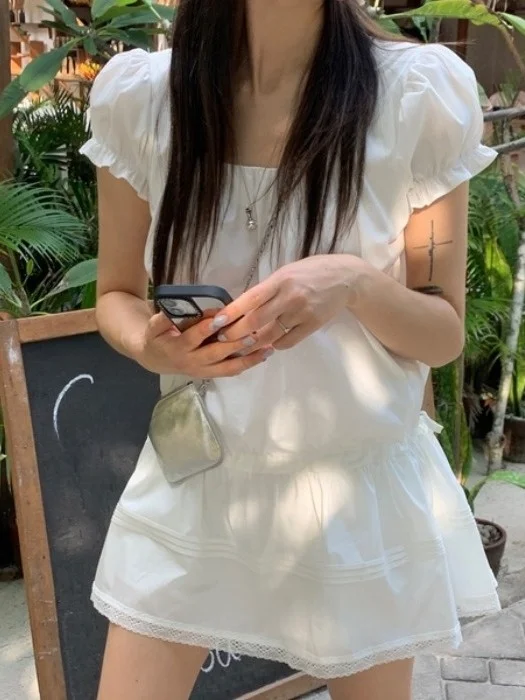 夏 美しい 半袖 レディース ワンピース 韓国風 花柄 レース スプライシング 通勤スタイル 白 ショートスカート エレガント