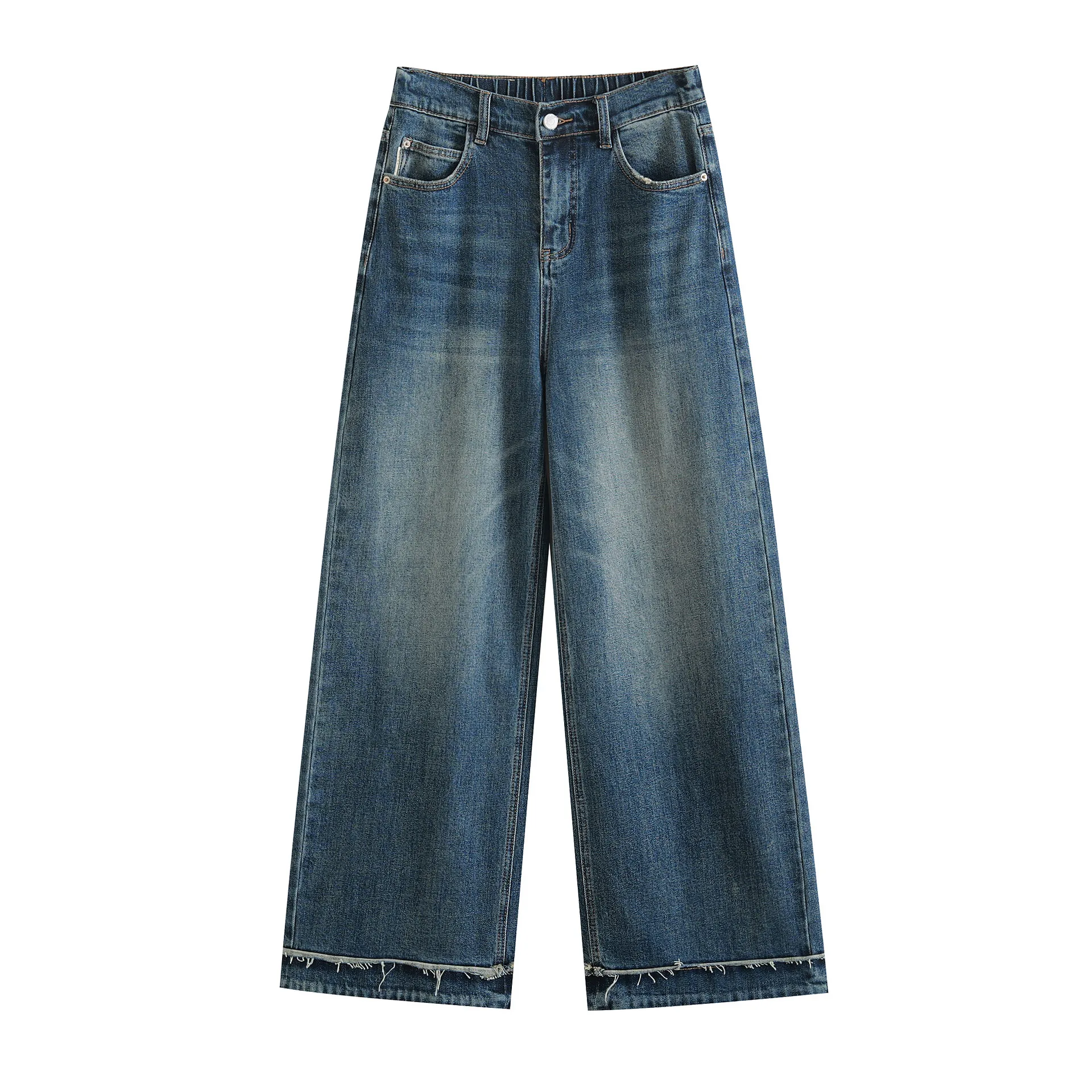 Moda plus size calças de brim femininas outono estilo namorado retalhos franjas estiramento denim perna larga calças comprimento total 8373